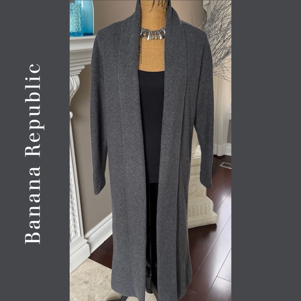 Banana Republic Ribbed Longline Sweater Coat Duster Petite M Charcoal Grey